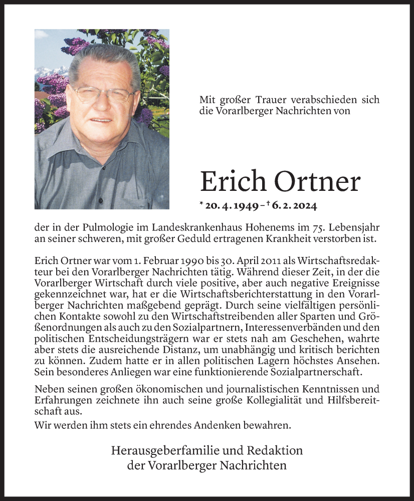  Todesanzeige für Erich Ortner vom 08.02.2024 aus Vorarlberger Nachrichten