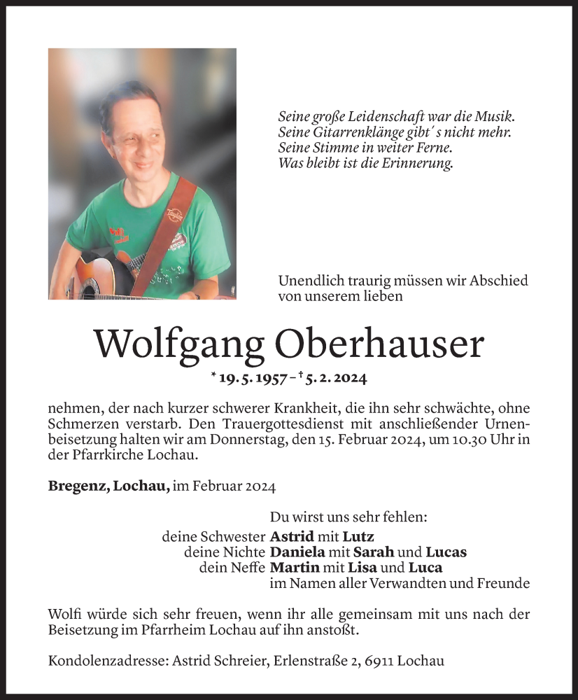  Todesanzeige für Wolfgang Oberhauser vom 09.02.2024 aus Vorarlberger Nachrichten