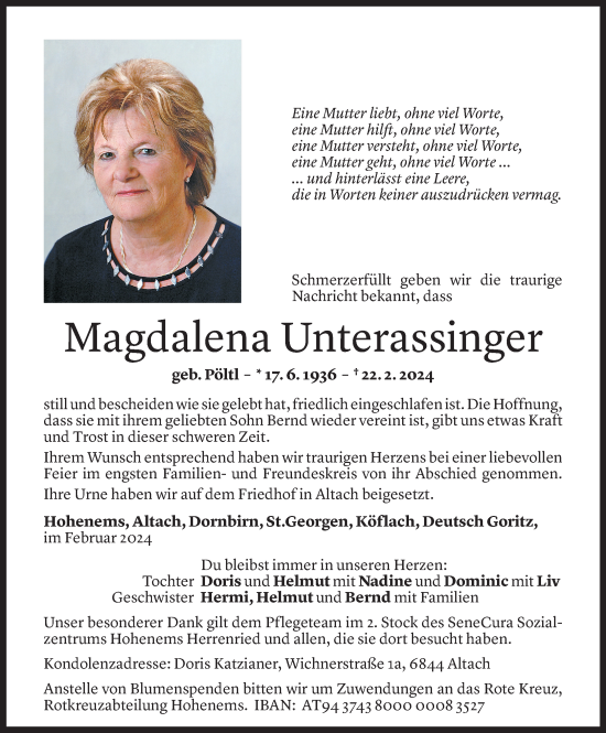 Todesanzeige von Magdalena Unterassinger von Vorarlberger Nachrichten