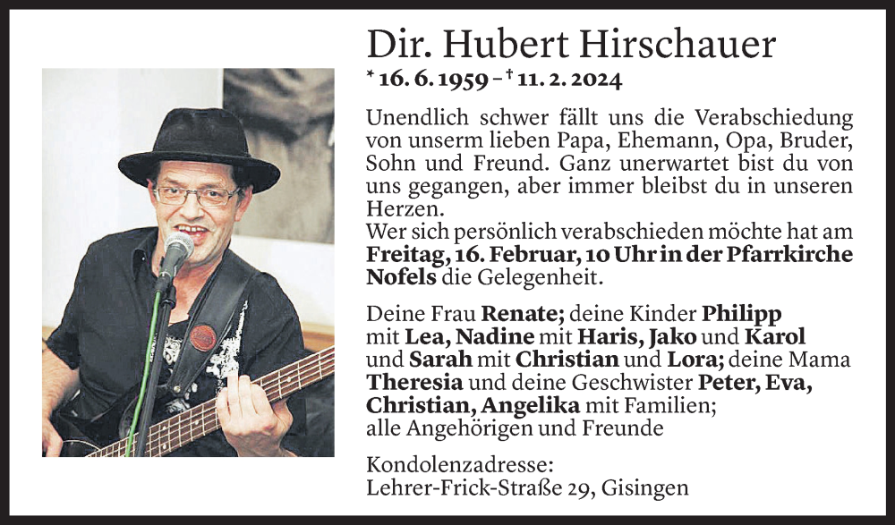  Todesanzeige für Hubert Hirschauer vom 14.02.2024 aus Vorarlberger Nachrichten