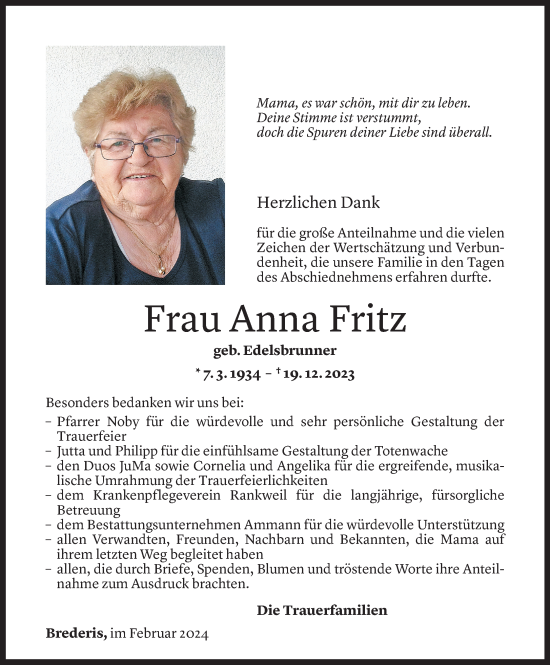 Todesanzeige von Anna Fritz von Vorarlberger Nachrichten