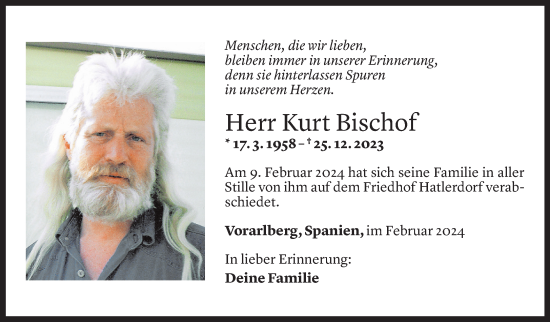 Todesanzeige von Kurt Bischof von Vorarlberger Nachrichten