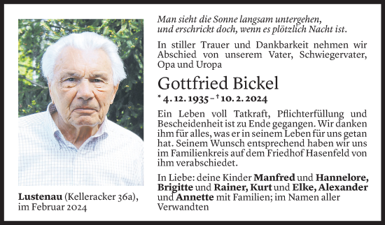 Todesanzeige von Gottfried Bickel von Vorarlberger Nachrichten