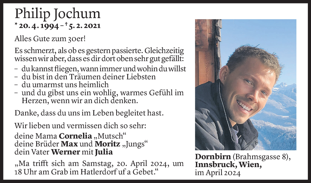  Todesanzeige für Philip Jochum vom 17.04.2024 aus Vorarlberger Nachrichten