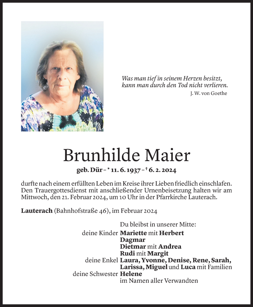  Todesanzeige für Brunhilde Maier vom 17.02.2024 aus Vorarlberger Nachrichten