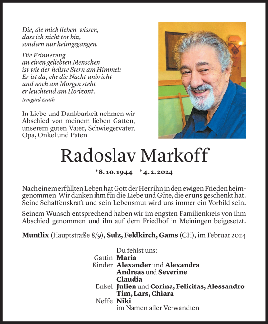 Todesanzeige von Radoslav Markoff von Vorarlberger Nachrichten