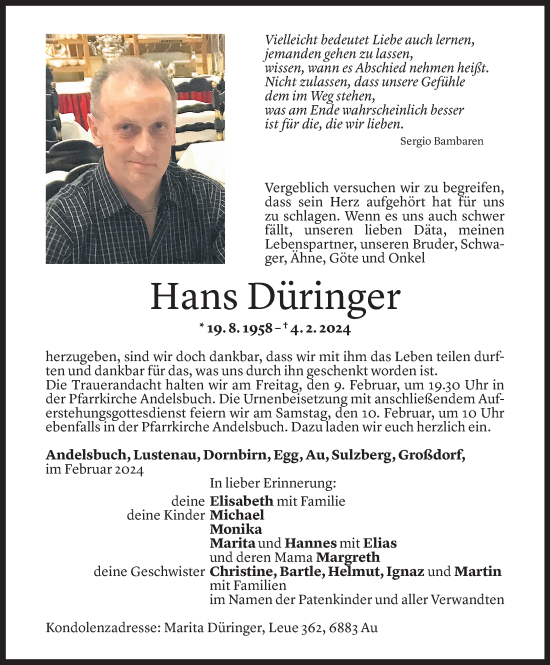 Todesanzeige von Hans Düringer von Vorarlberger Nachrichten