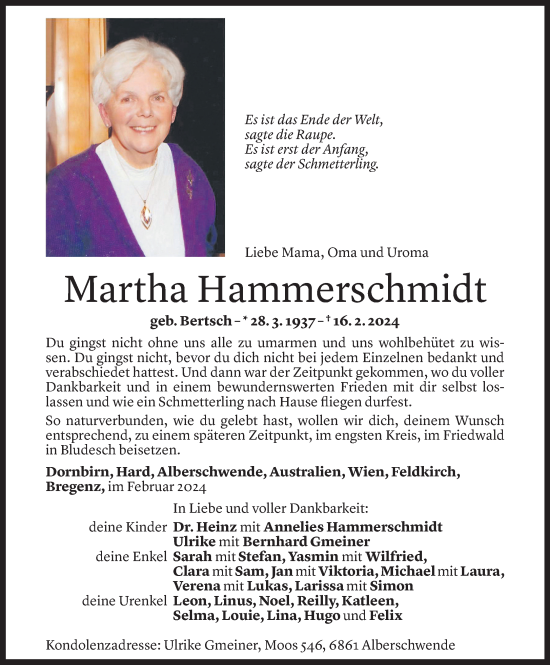 Todesanzeige von Martha Hammerschmidt von Vorarlberger Nachrichten