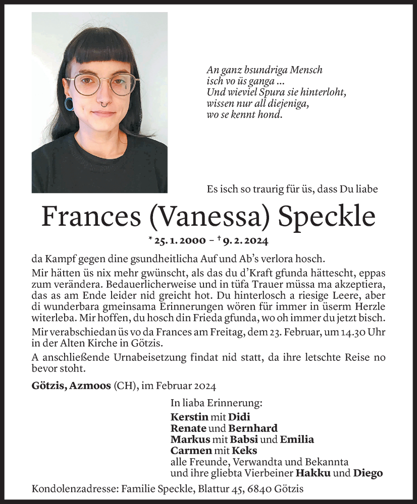  Todesanzeige für Frances Speckle vom 19.02.2024 aus Vorarlberger Nachrichten