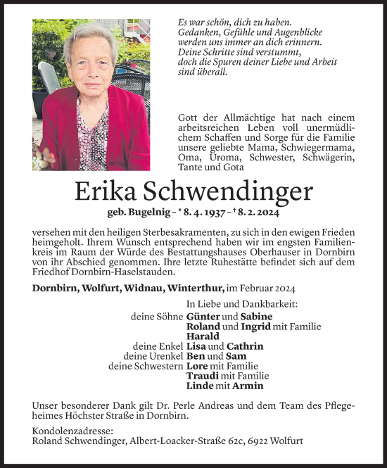 Todesanzeige von Erika Schwendinger von Vorarlberger Nachrichten