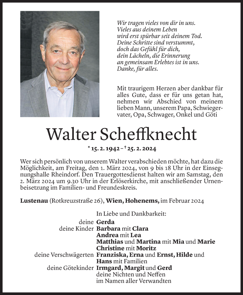  Todesanzeige für Walter Scheffknecht vom 29.02.2024 aus Vorarlberger Nachrichten