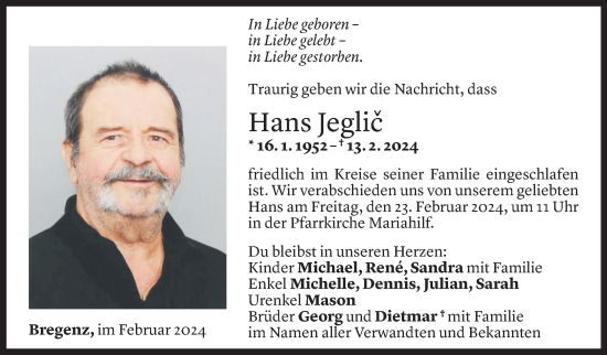 Todesanzeige von Hans Jeglic von Vorarlberger Nachrichten