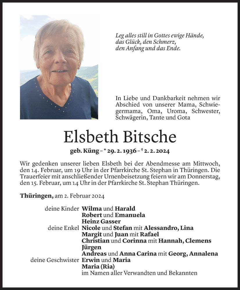  Todesanzeige für Elsbeth Bitsche vom 10.02.2024 aus Vorarlberger Nachrichten
