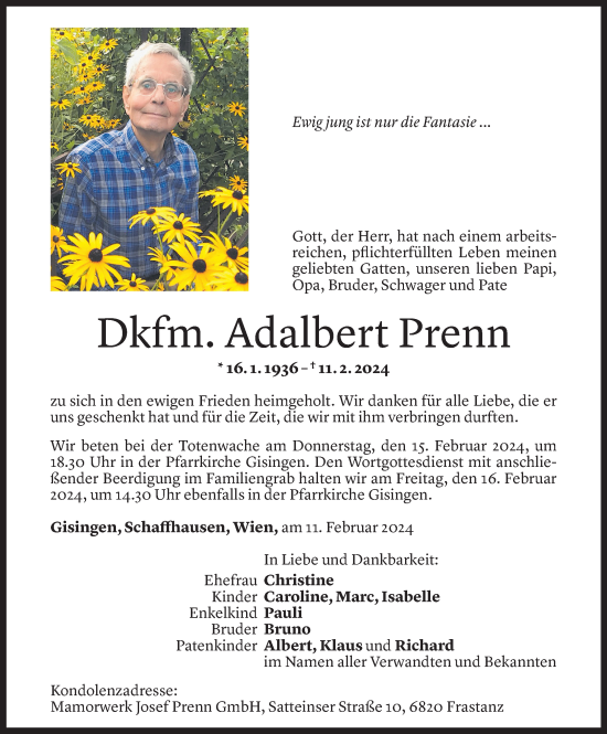 Todesanzeige von Adalbert Prenn von Vorarlberger Nachrichten