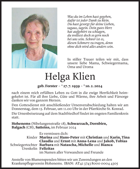 Todesanzeige von Helga Klien von Vorarlberger Nachrichten