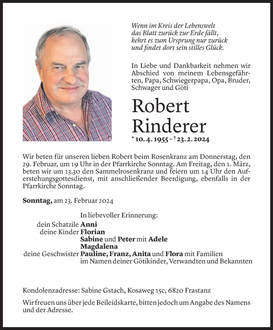 Todesanzeige von Robert Rinderer von Vorarlberger Nachrichten