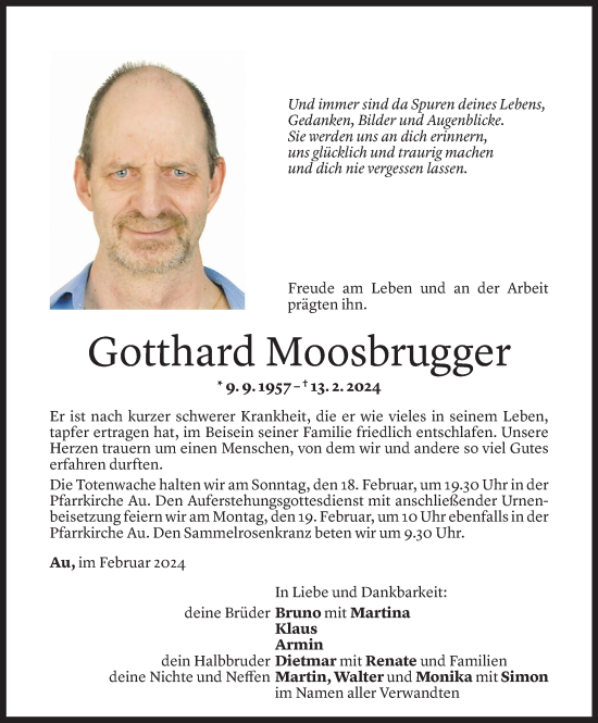 Todesanzeige von Gotthard Moosbrugger von Vorarlberger Nachrichten