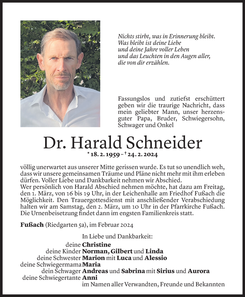  Todesanzeige für Harald Schneider vom 28.02.2024 aus Vorarlberger Nachrichten