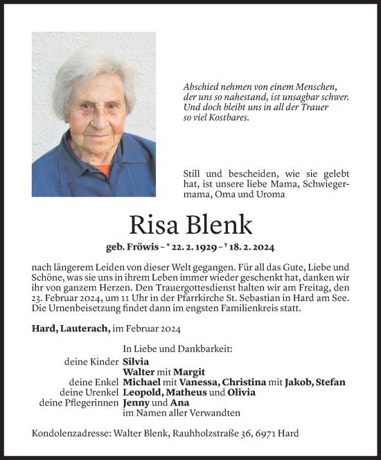 Todesanzeige von Risa Blenk von Vorarlberger Nachrichten