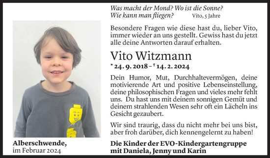 Todesanzeige von Vito Witzmann von Vorarlberger Nachrichten