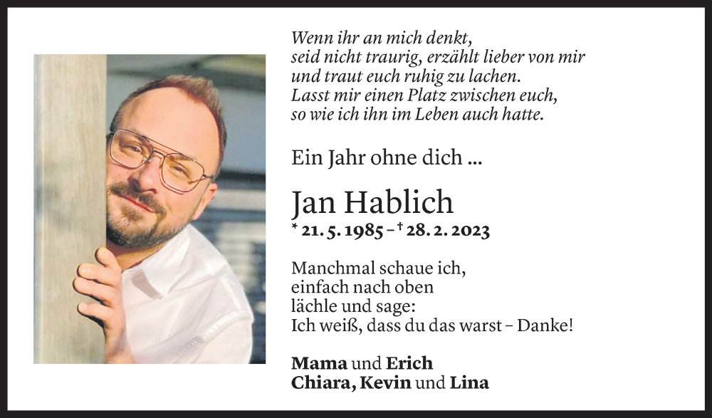  Todesanzeige für Jan Hablich vom 28.02.2024 aus Vorarlberger Nachrichten