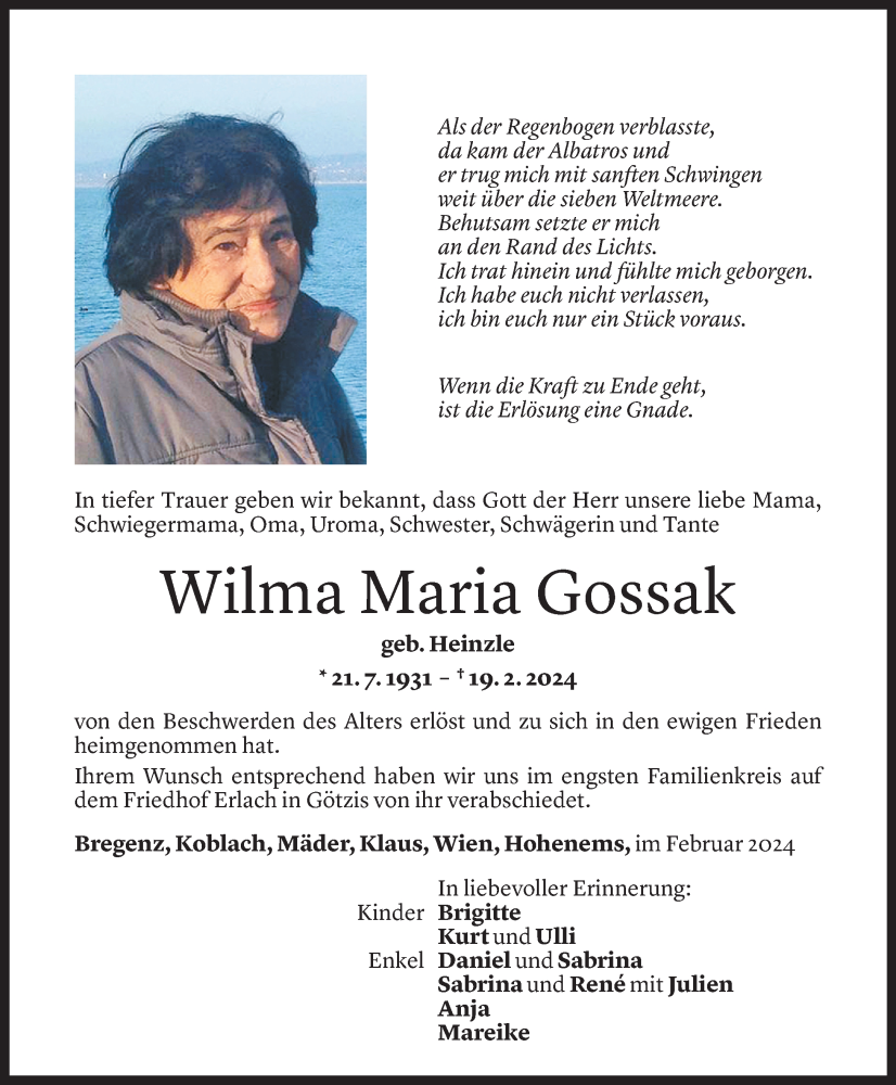  Todesanzeige für Wilm Gossak vom 24.02.2024 aus Vorarlberger Nachrichten