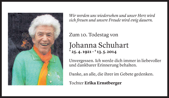 Todesanzeige von Johanna Schuhart von Vorarlberger Nachrichten