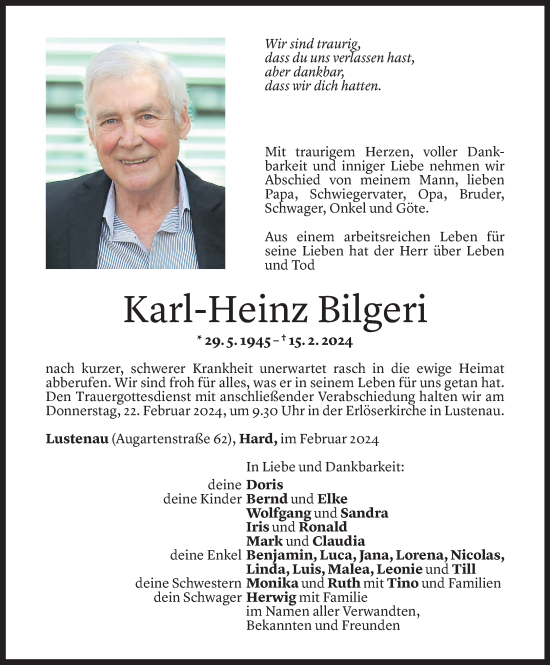 Todesanzeigen Von Karl Heinz Bilgeri Todesanzeigen Vorarlberger Nachrichten