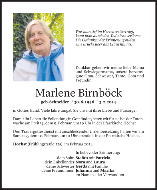 Todesanzeige von Marlene Birnböck von Vorarlberger Nachrichten