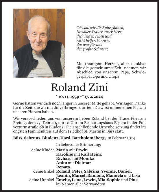 Todesanzeige von Roland Zini von Vorarlberger Nachrichten