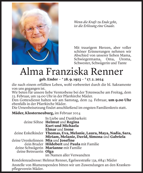 Todesanzeige von Alma Renner von Vorarlberger Nachrichten
