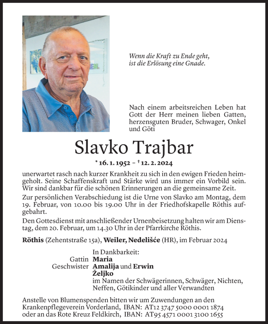 Todesanzeige von Slavko Trajbar von Vorarlberger Nachrichten