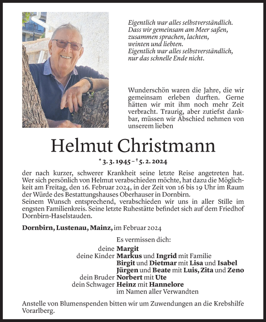 Todesanzeige von Helmut Christmann von Vorarlberger Nachrichten