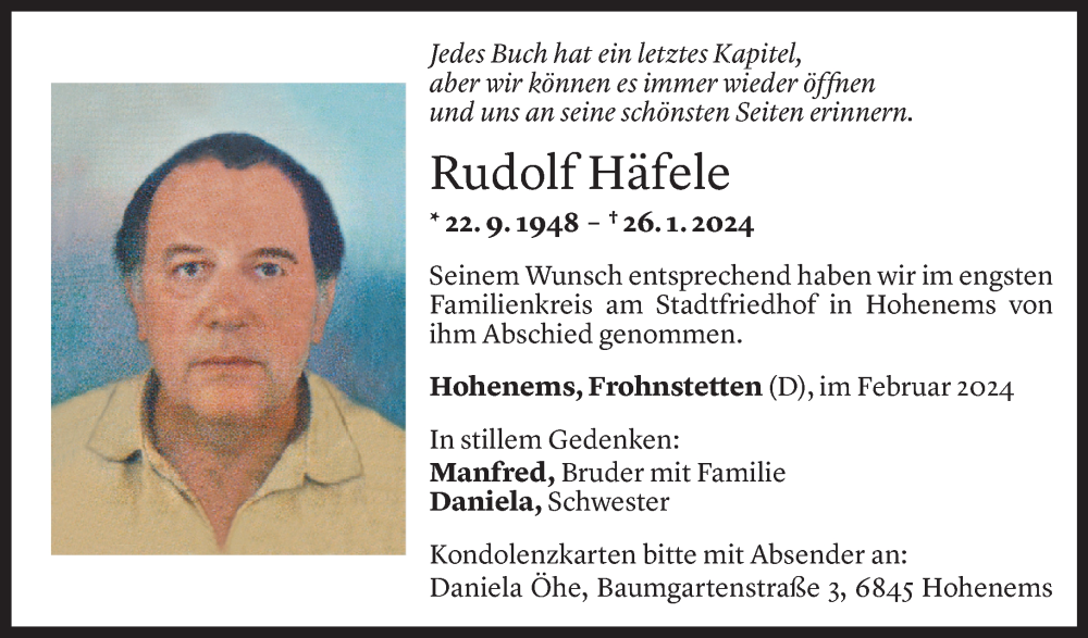  Todesanzeige für Rudolf Häfele vom 10.02.2024 aus Vorarlberger Nachrichten