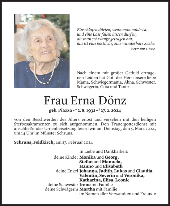 Todesanzeige von Erna Dönz von Vorarlberger Nachrichten