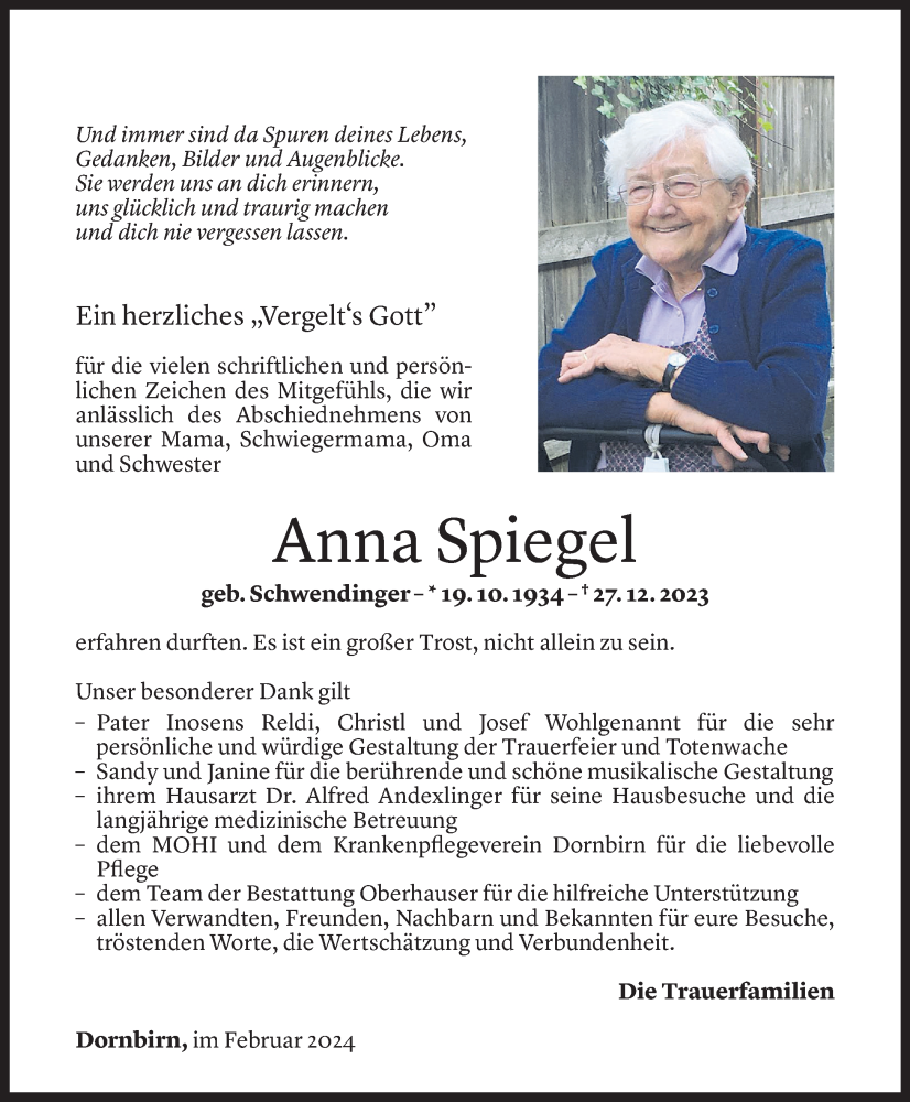  Todesanzeige für Anna Spiegel vom 09.02.2024 aus Vorarlberger Nachrichten