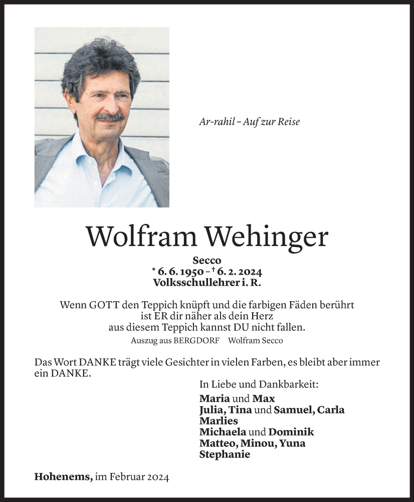  Todesanzeige für Wolfram Wehinger vom 29.02.2024 aus Vorarlberger Nachrichten