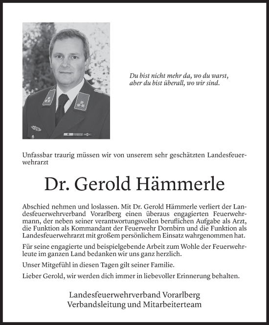 Todesanzeige von Gerold Hämmerle von Vorarlberger Nachrichten