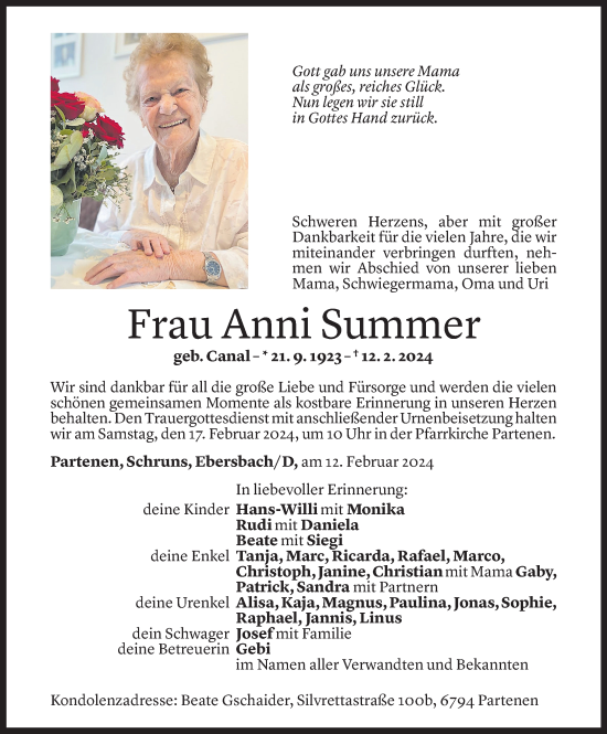 Todesanzeige von Anni Summer von Vorarlberger Nachrichten