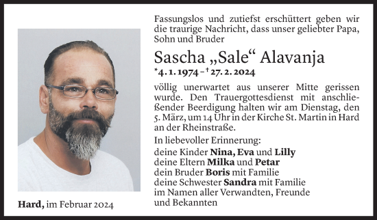 Todesanzeige von Sascha Alavanja von Vorarlberger Nachrichten