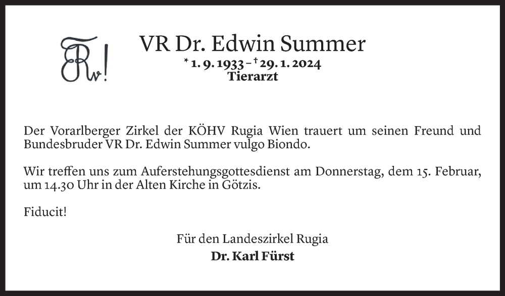  Todesanzeige für Edwin Summer vom 15.02.2024 aus Vorarlberger Nachrichten