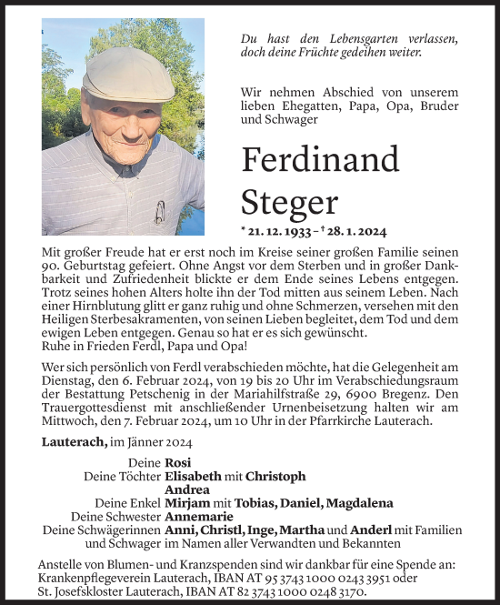 Todesanzeige von Ferdinand Steger von Vorarlberger Nachrichten