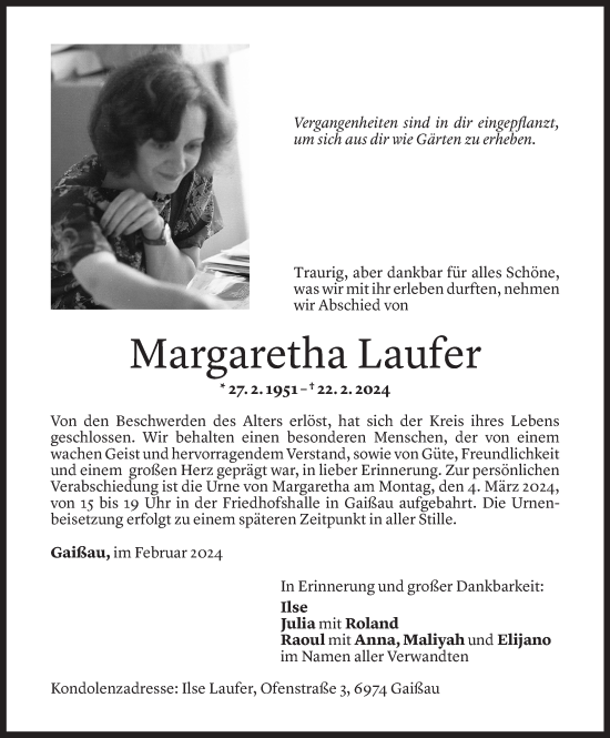 Todesanzeige von Margaretha Laufer von Vorarlberger Nachrichten