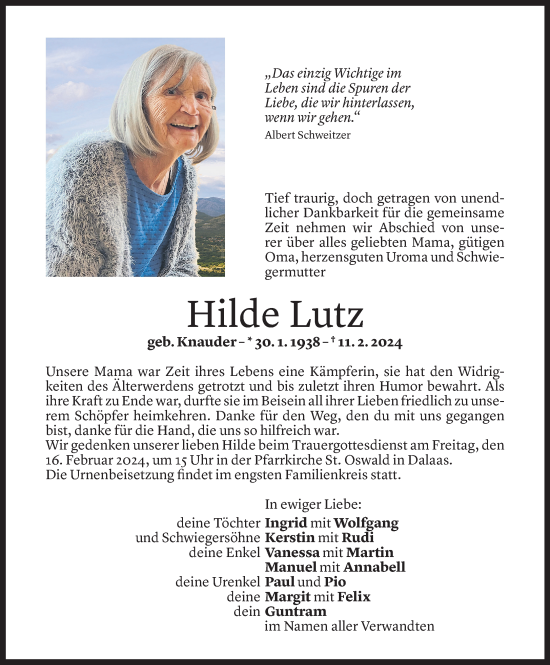 Todesanzeige von Hilde Lutz von Vorarlberger Nachrichten