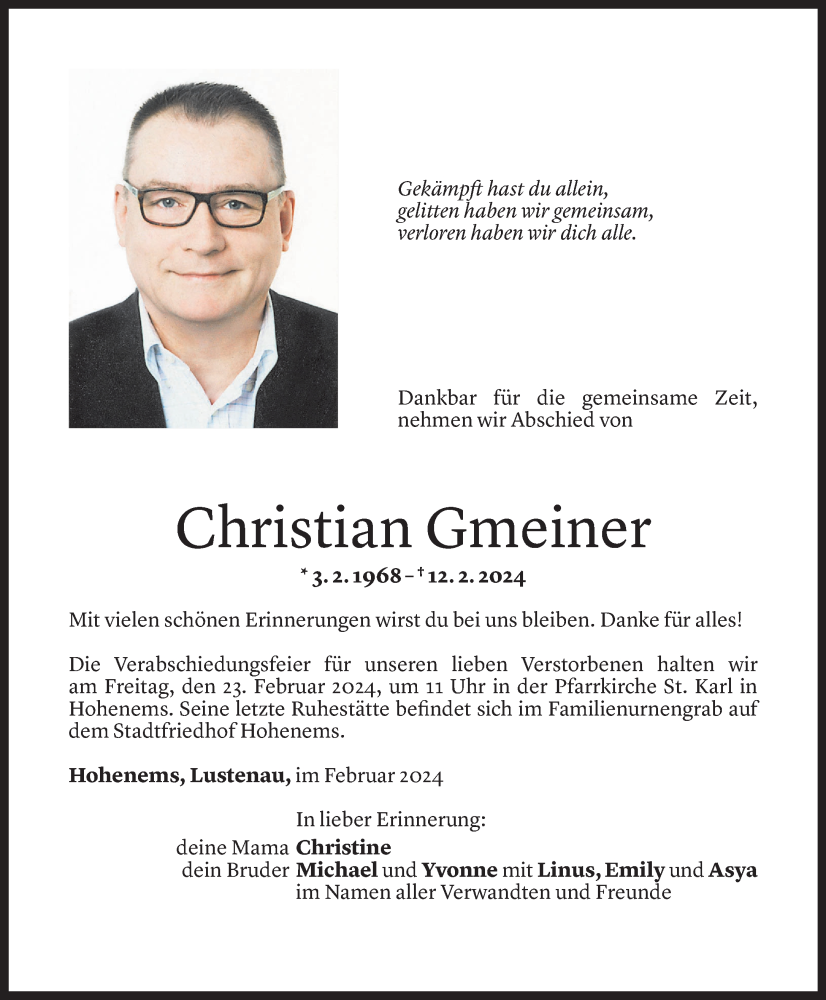 Todesanzeigen Von Christian Gmeiner | Todesanzeigen Vorarlberger ...