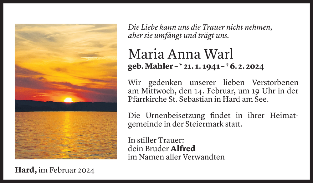  Todesanzeige für Maria Anna Warl vom 11.02.2024 aus Vorarlberger Nachrichten