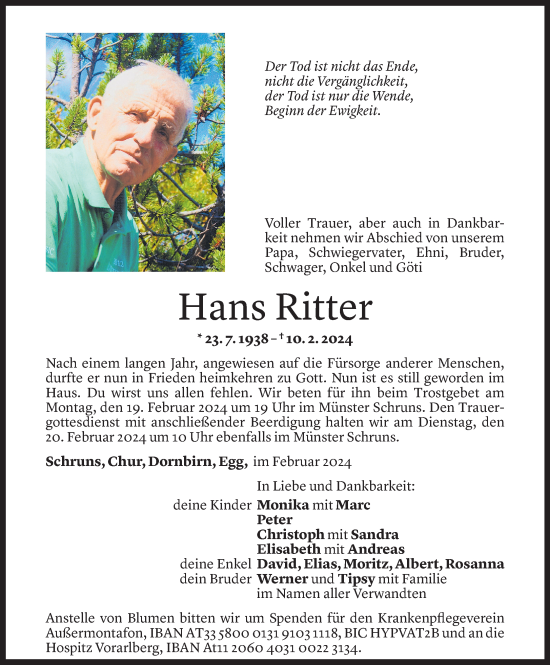 Todesanzeige von Hans Ritter von Vorarlberger Nachrichten