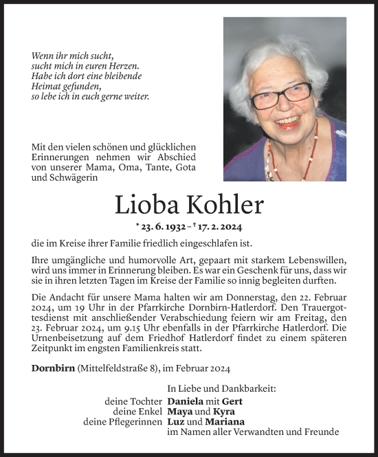 Todesanzeige von Lioba Kohler von Vorarlberger Nachrichten