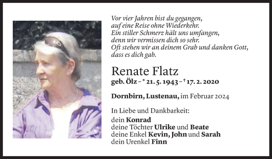 Todesanzeige von Renate Flatz von Vorarlberger Nachrichten
