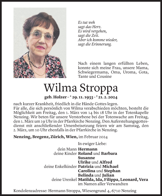Todesanzeige von Wilma Stroppa von Vorarlberger Nachrichten